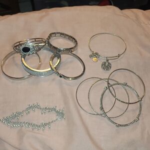 Sterling Silver-Tone Mixed Bangle Set with Charm Bracelet Lot Of 11